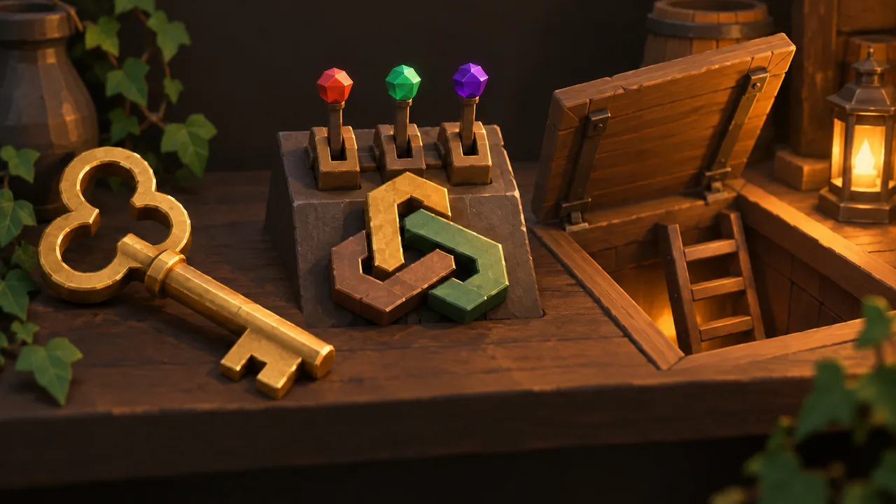 A key, colored levers, puzzle shapes and a ladder displayed as separate objective symbols.