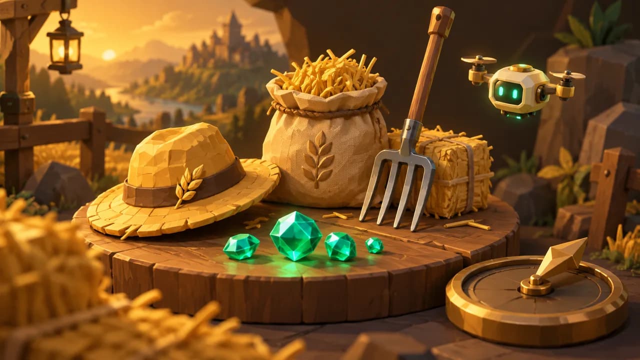 A farmer hat, carrying bag, Pitchfork and utility drone beside a handful of Gems.