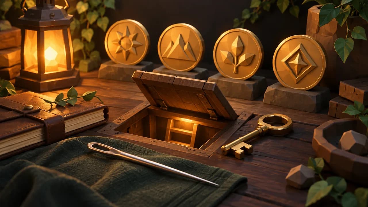 A silver needle and brass key beside an open hatch and symbolic medallions.