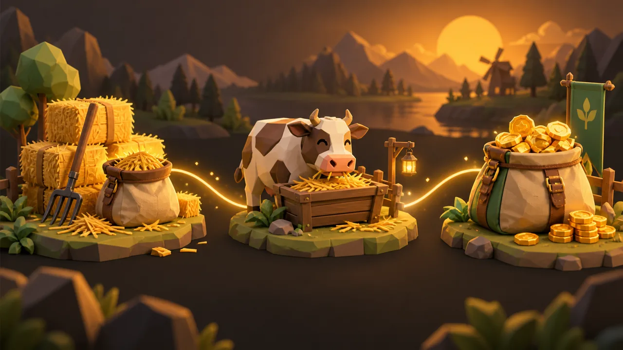 A hay bag, cow and feeding trough, then coins and a larger bag arranged from left to right.