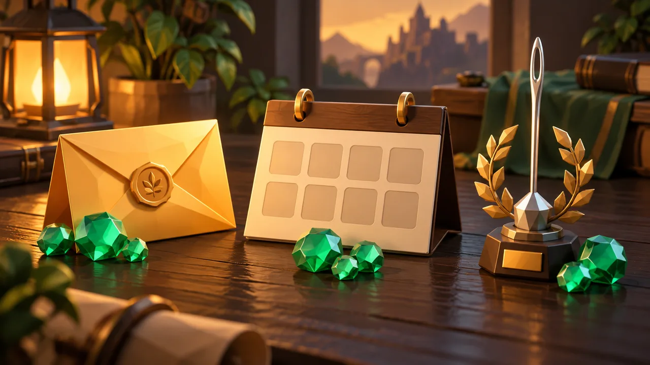 An envelope, a calendar and a needle trophy with clusters of Gems.