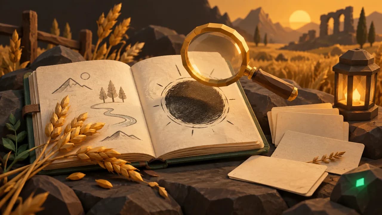 A field notebook, blank index cards and a magnifying glass on an amber-lit desk.