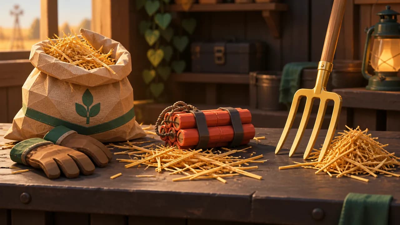 Gloves and a hay bag, loose hay beside Dynamite, and a Pitchfork beside a smaller pile.