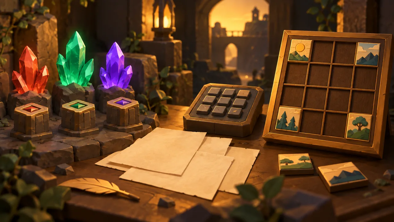 Colored crystals, papers and a keypad, and an unfinished wooden picture puzzle.
